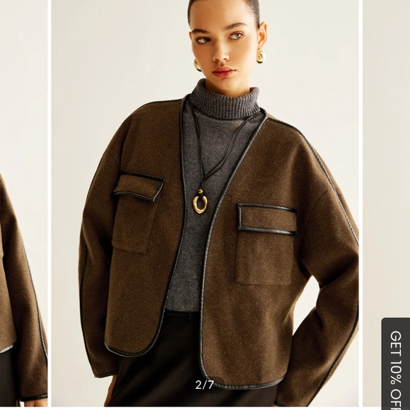 Commense Jackets & Blazers - NEW Commense Contrast Trim Tweed Brown Black Trim Open Lightweight Coat, Medium